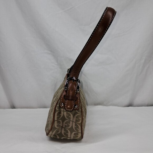 Vtg Fossil Brown Green Signature Jacquard Fabric Leather Trim Shoulder Demi Bag - Picture 2 of 14